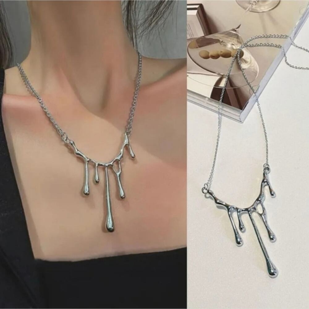 Unique melting drippy metal silver necklace